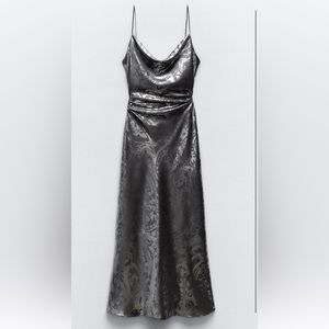 NWT Zara Metallic Silver Silk Midi Dress